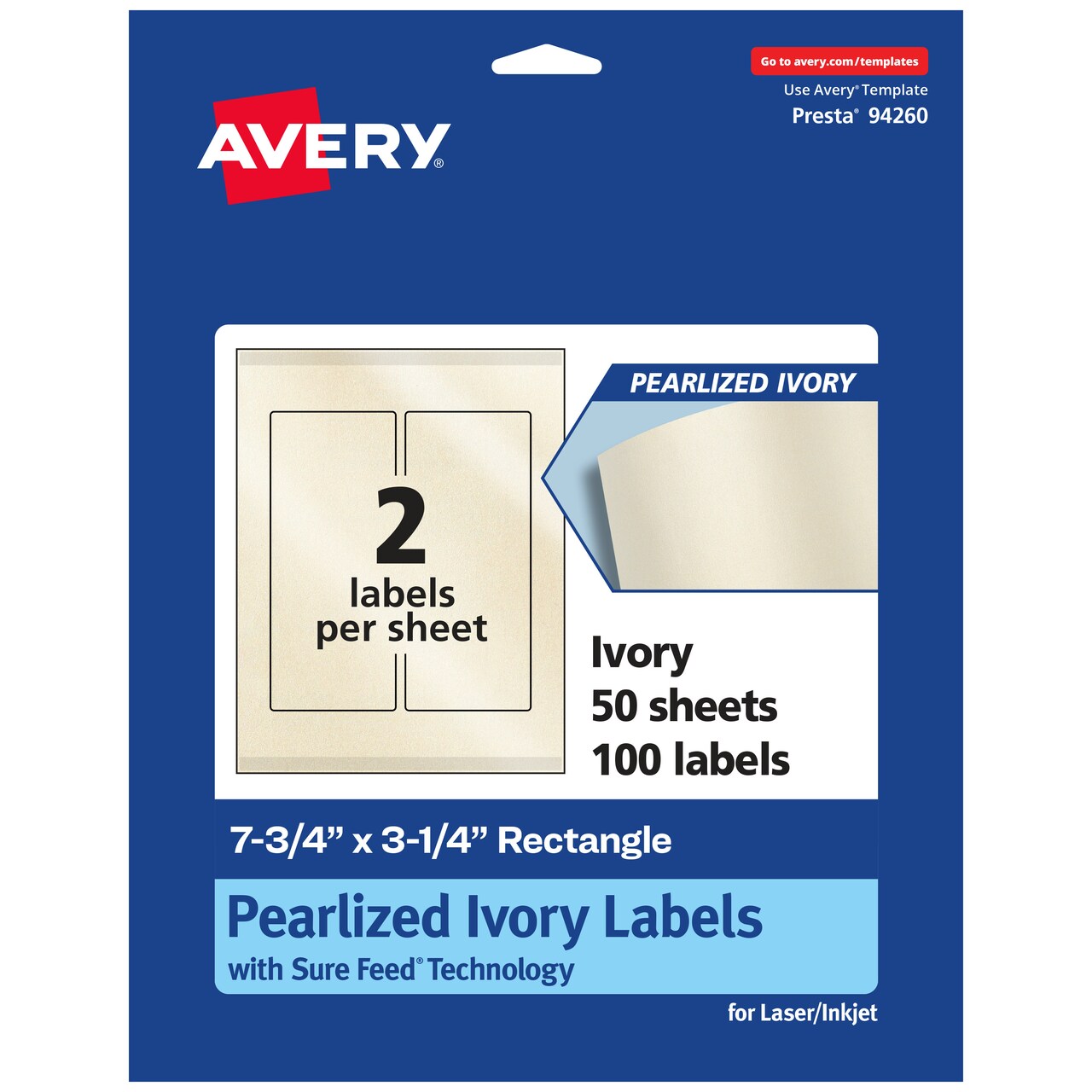 Avery Pearlized Ivory Rectangle Labels with Sure Feed Technology, Print-to-the-Edge, 7.75" x 3.25"